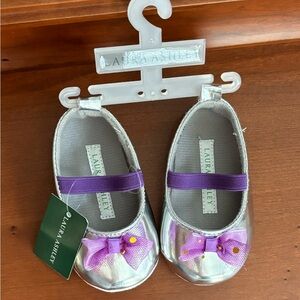 Infant shoes by Laura Ashley.  Silver with purple bows. Size 3. NWT